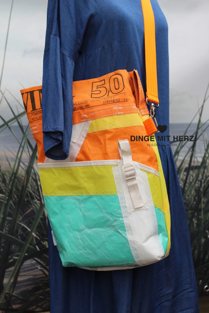 Dinge mit Herz Shopper Umhängetasche aus Segel WAVE 5,0 orange gelb weiß hellgrün