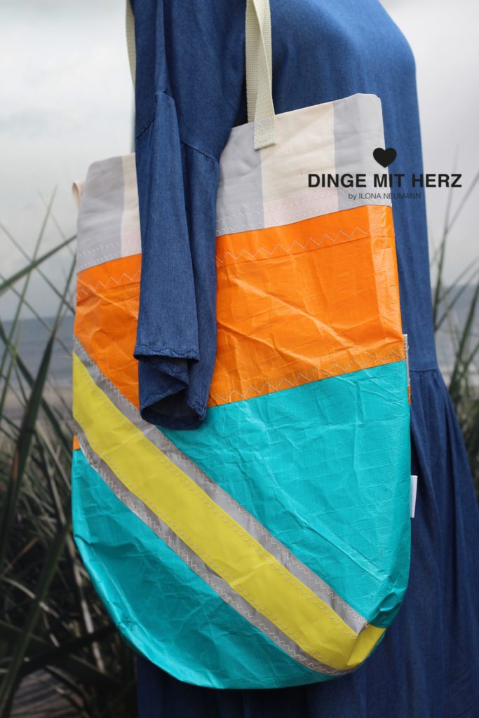 Dinge mit Herz Shopper Tasche aus gesegeltem Segel orange weiß silber gelb weiß hellgrau