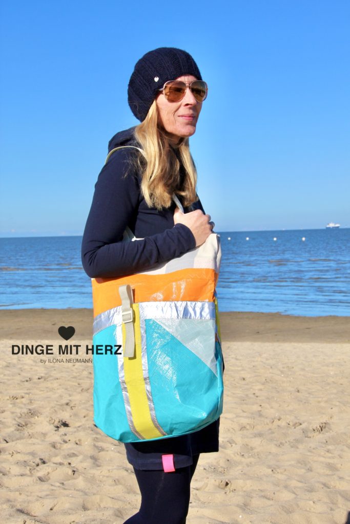 Dinge mit Herz Shopper Tasche aus gesegeltem Segel orange silber weiß gelb hellgrün