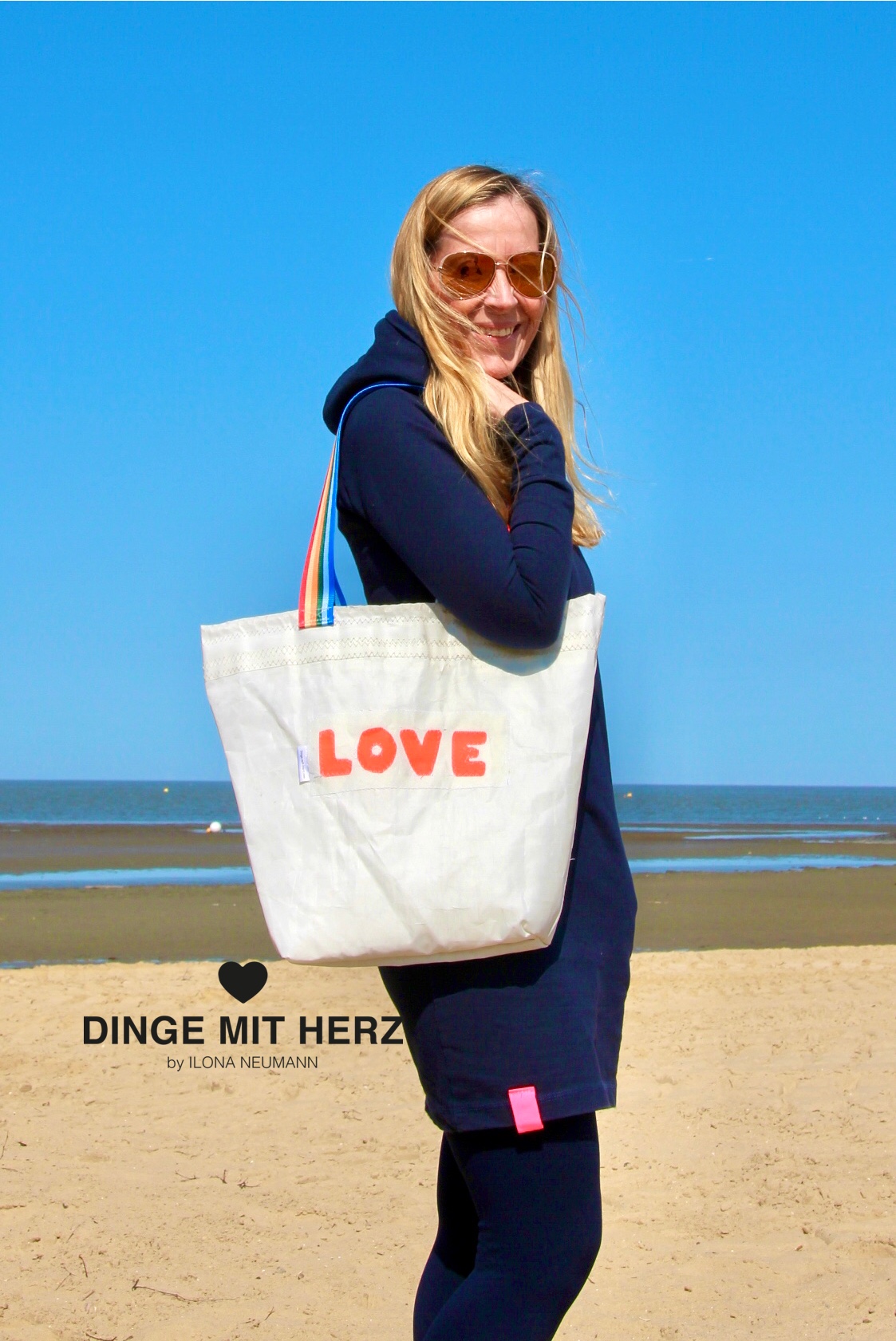 Shopper off white bunter Schriftzug DINGE MIT HERZ
